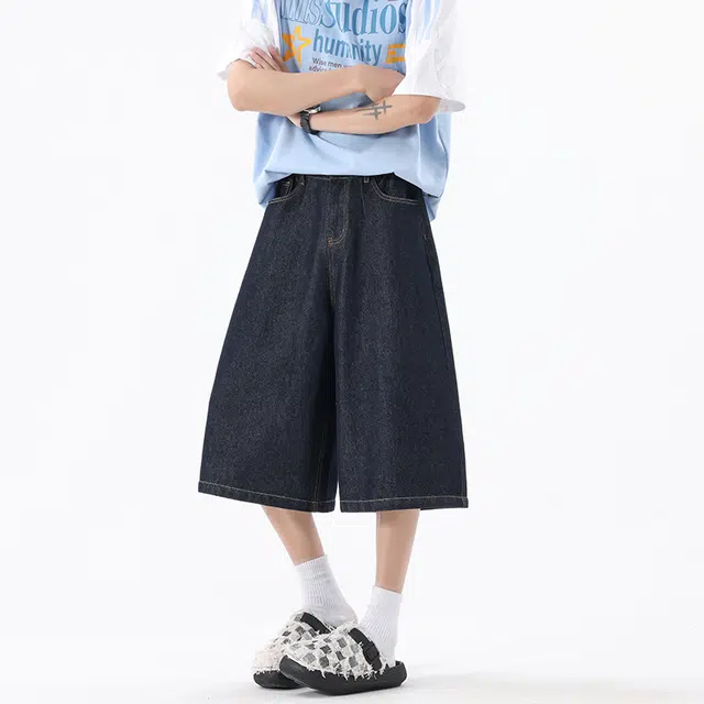 永言 美式复古潮流时尚舒适百搭七分牛仔短裤 男女同款