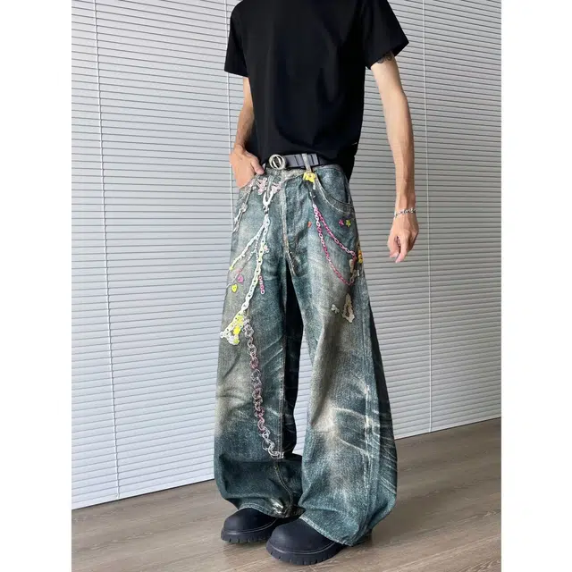 永言 美式链条打印数码印花宽松直筒痞帅潮流宽松牛仔裤 男女同款