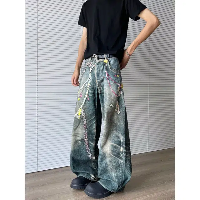 永言 美式链条打印数码印花宽松直筒痞帅潮流宽松牛仔裤 男女同款