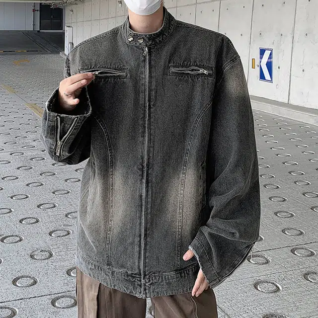 冈哉 废土风双拉链解构拼接做旧设计美式复古高街痞帅潮流舒适百搭宽松休闲立领落肩牛仔外套 男女同款
