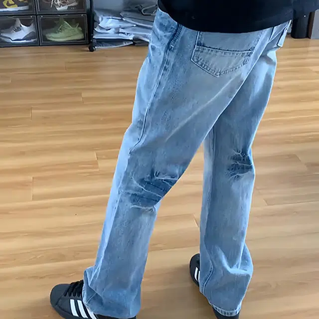 冈哉 美式高街潮流复古潮牌小众猫爪痕闪电纹设计个性重水洗阔腿做旧弯刀百搭痞帅垂感宽松直筒日常通勤牛仔裤 男女同款