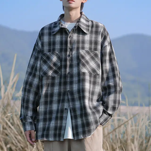 冈哉 撞色格纹翻领衬衣美式复古学院风休闲宽松轻薄凉感慵懒落肩单排扣氛围感长袖衬衫 男女同款