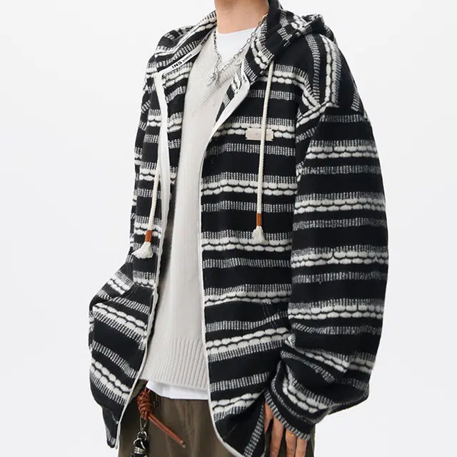 冈哉 磨毛编织条纹针织开衫设计美式复古宽松显瘦慵懒高级感连帽拉链舒适柔软亲肤卫衣 男女同款