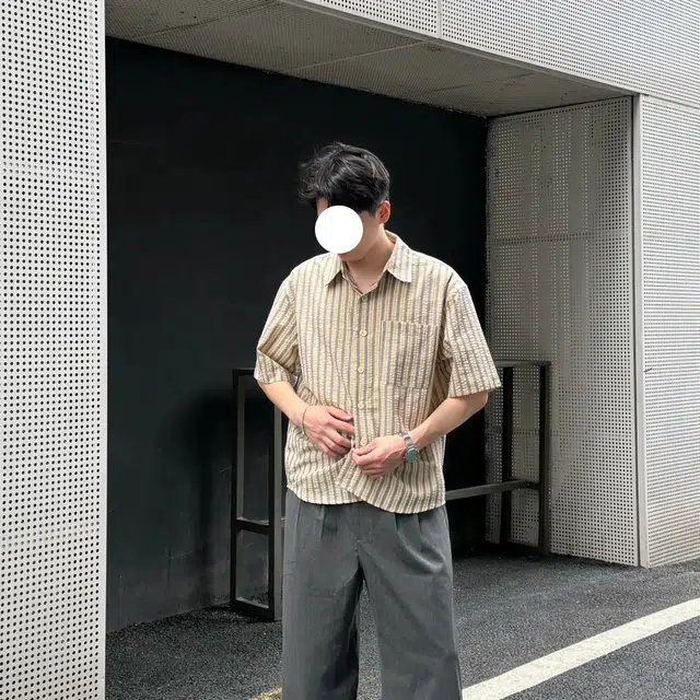 冈哉 韩版日系潮流个性百搭垂感时尚竖条纹复古舒适基础款短袖痞帅衬衣慵懒感外套上衣宽松翻领纽扣衬衫 男女同款