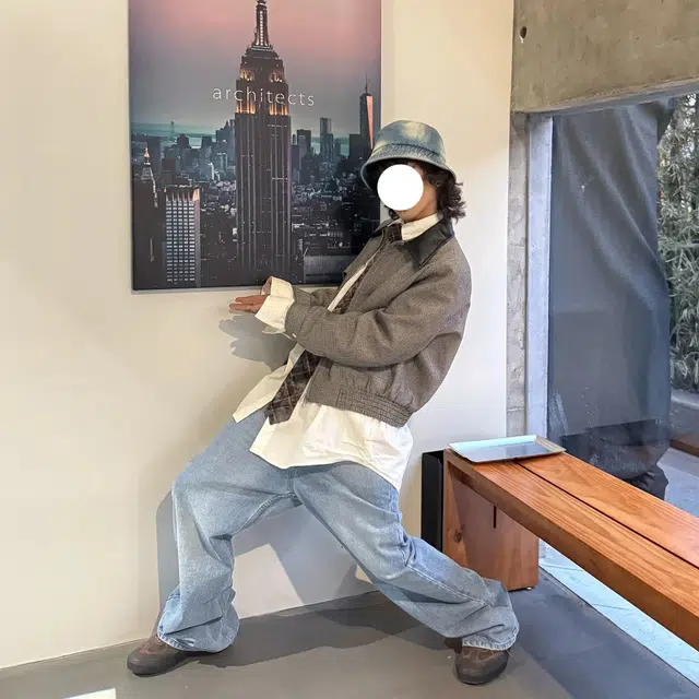 冈哉 美式复古高街潮流潮牌小众设计个性水洗阔腿做旧弯刀百搭痞帅垂感宽松直筒日常通勤牛仔裤 男女同款