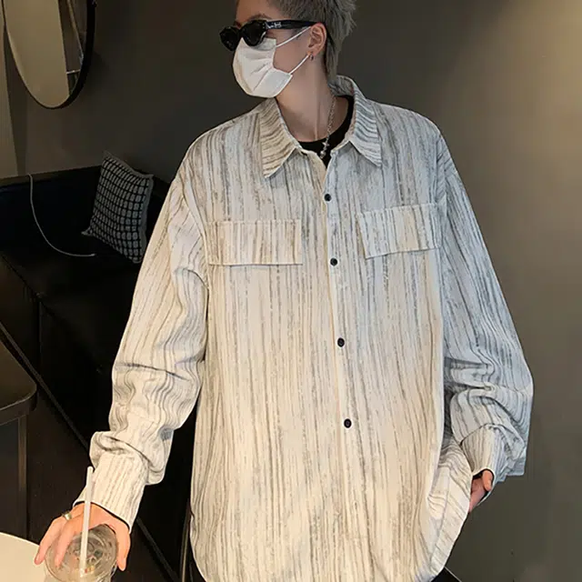 冈哉 美式韩版休闲潮流百搭垂感时尚灯芯绒印花纹理纽扣设计外套少年感空调舒适基础款打底内搭潮搭长袖衬衫 男女同款