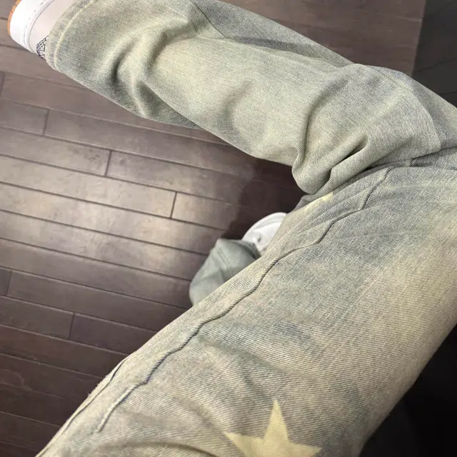 冈哉 美式复古高街潮流潮牌小众印花星星装饰设计个性做旧水洗阔腿弯刀百搭痞帅垂感宽松直筒日常通勤城市牛仔裤 男女同款