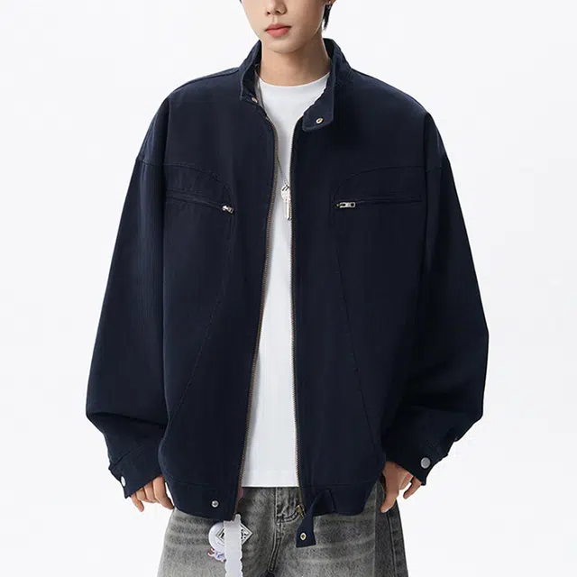 冈哉 解构拼接双拉链工装设计美式复古水洗日常通勤百搭高街风宽松休闲时尚高级感夹克外套 男女同款