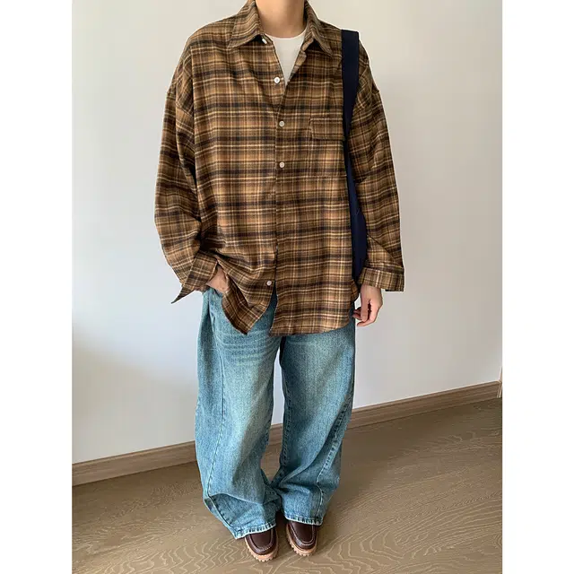 冈哉 复古磨毛格子宽松休闲百搭翻领长袖叠穿潮搭垂感痞帅少年感舒适打底内搭外穿春秋款衬衫  男女同款