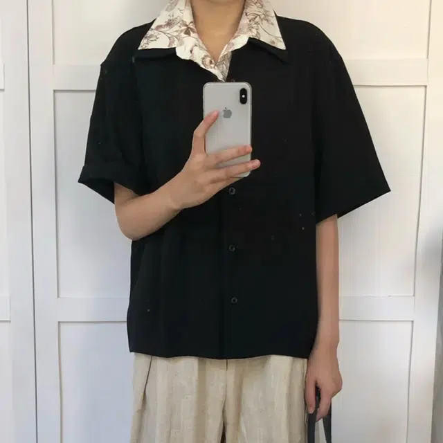 冈哉 老钱风假两件亚麻花领拼接文艺街头痞帅日常通勤百搭舒适透气时尚潮流高级感短袖衬衫 男女同款