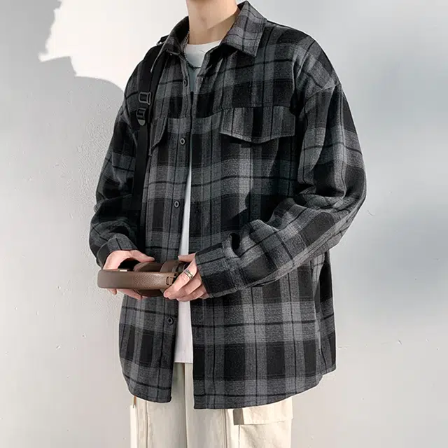 冈哉 港风复古格子双口袋拼接翻领单排扣设计美式潮流宽松松弛感衬衣外套外穿内搭叠穿休闲通勤长袖衬衫 男女同款