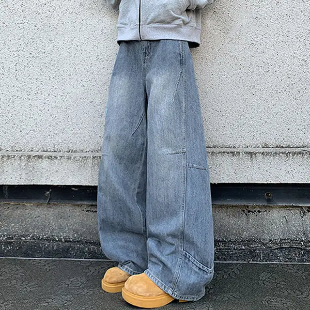 冈哉 美式复古纯色做旧褶皱拼接弯刀设计时尚高街垂感宽松百搭高级感潮牌舒适阔腿裤牛仔裤 男女同款