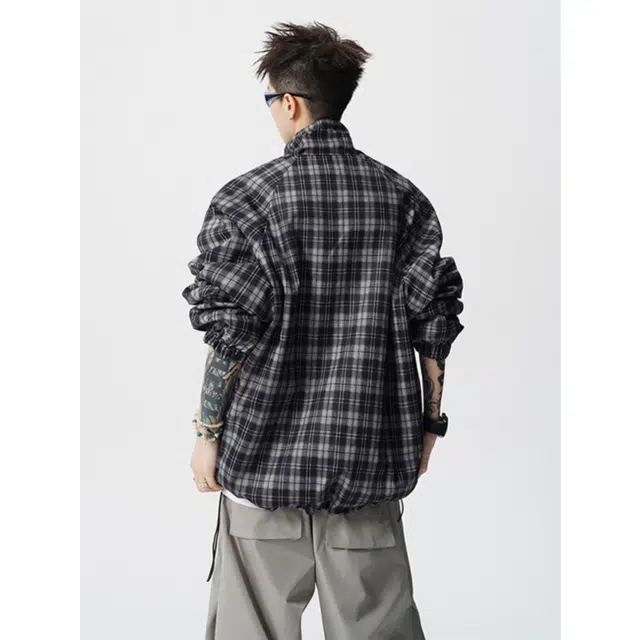 冈哉 美式复古经典三条杠格子两面穿翻领痞帅个性潮流潮牌时尚慵懒感日常通勤柔软舒适亲肤机车飞行夹克 男女同款