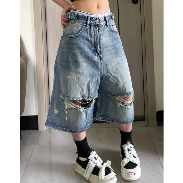 冈哉 美式复古水洗做旧破洞流苏直筒设计街头潮流时尚百搭休闲帅气宽松透气七分裤牛仔短裤 男女同款