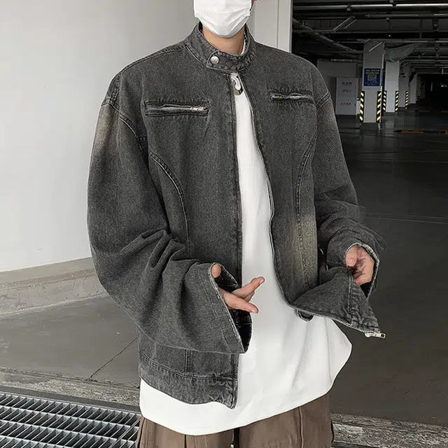 冈哉 废土风双拉链解构拼接做旧设计美式复古高街痞帅潮流舒适百搭宽松休闲立领落肩牛仔外套 男女同款