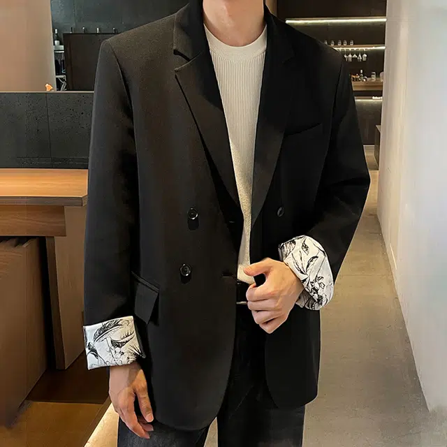 冈哉 纯色简约袖口水墨画拼接双排扣设计美式高街休闲宽松时尚百搭轻奢高级感西装外套 男女同款
