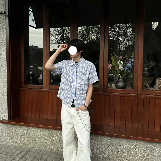 冈哉 韩版潮流个性百搭垂感时尚格纹简约舒适基础款短袖袖痞帅衬衣慵懒感外套上衣宽松纯色翻领纽扣衬衫 男女同款