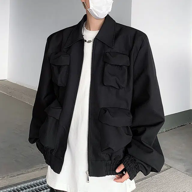 冈哉 朋克风多口袋纯色翻领拉链短款设计美式复古高街潮流工装日常通勤百搭宽松休闲夹克外套 男女同款