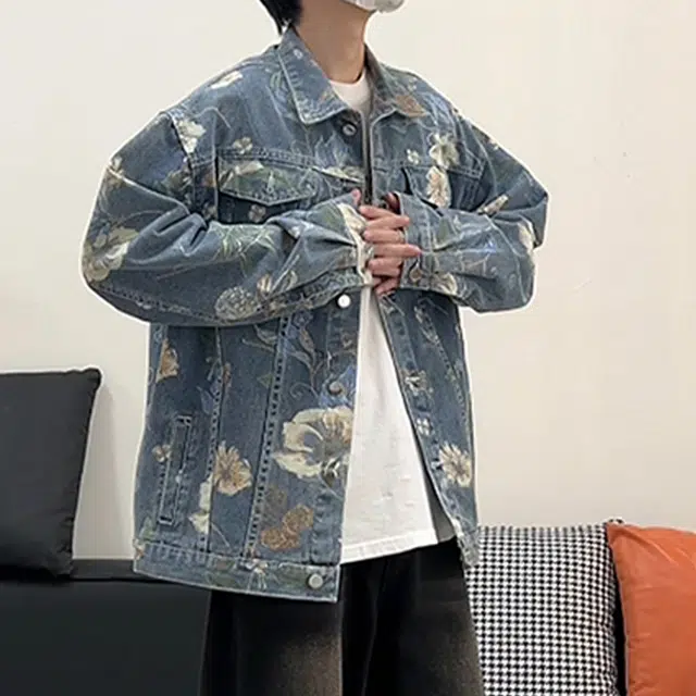 冈哉 美式高街满印花灰撞色拼色设计复古做旧翻领时尚潮流宽松百搭休闲夹克牛仔外套 男女同款