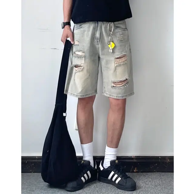 冈哉 美式水洗做旧手工磨破破洞流苏边设计时尚潮流复古街头休闲百搭直筒五分牛仔短裤 男女同款
