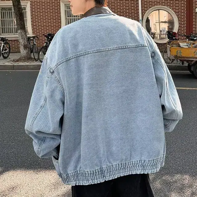 冈哉 解构拼接大口袋撞色翻领设计美式复古水洗做旧宽松日常通勤休闲运动百搭牛仔外套 男女同款