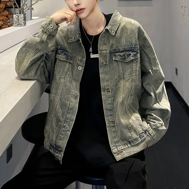 冈哉 重工竹节纹水洗做旧美式复古街头拉链高街潮牌风格翻领夹克工艺廓形慵懒范日常通勤柔软舒适亲肤牛仔外套 男女同款
