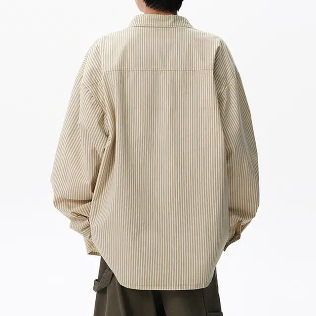 冈哉 美式复古简约基础款条纹做旧设计时尚潮流舒适透气百搭宽松休闲落肩翻领长袖衬衫 男女同款