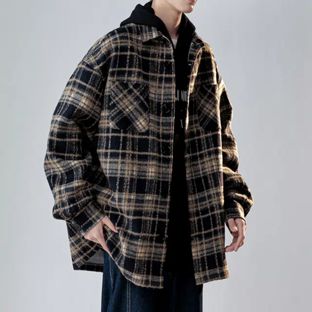 冈哉 多彩格子拼接小香风衬衣外套单排扣翻领设计美式复古日常通勤百搭户外休闲学院风长袖衬衫 男女同款