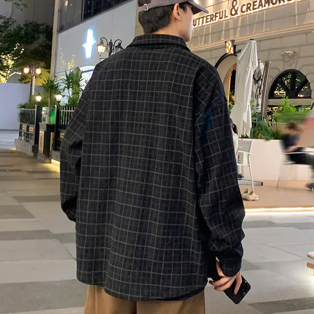 冈哉 条纹格子美式复古翻领单排扣宽松休闲百搭长袖衬衫 男女同款