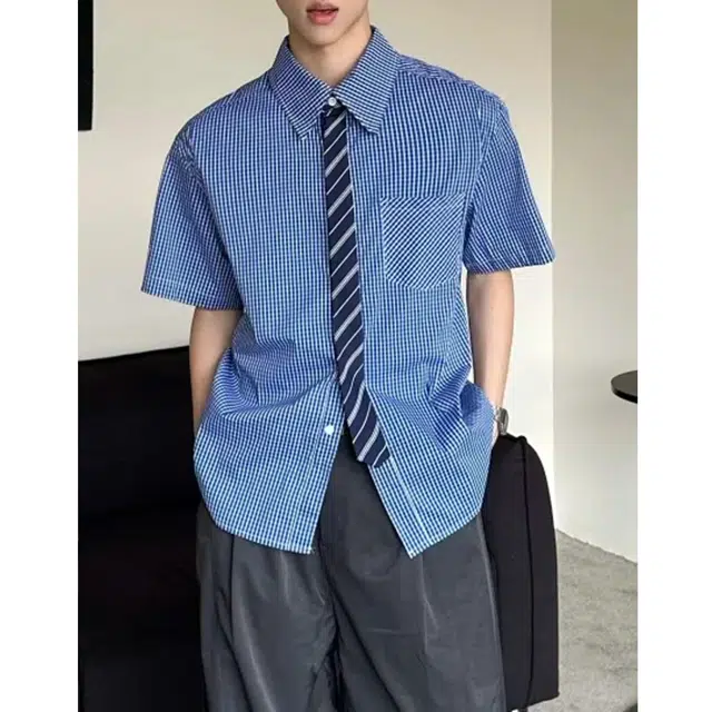 冈哉 学院风蓝白格子领带条纹拼接小众设计美式高街时尚潮流百搭痞帅宽松舒适清凉透气翻领短袖衬衫 男女同款