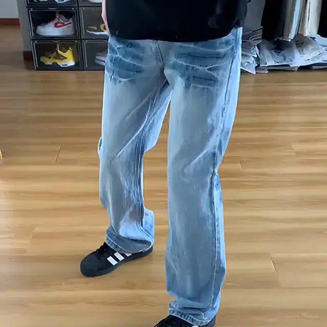 冈哉 美式高街潮流复古潮牌小众猫爪痕闪电纹设计个性重水洗阔腿做旧弯刀百搭痞帅垂感宽松直筒日常通勤牛仔裤 男女同款