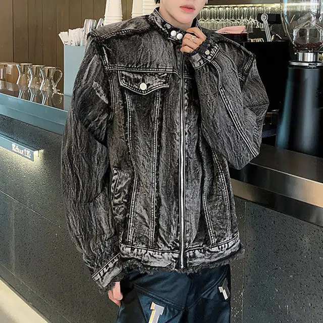 冈哉 美式高街做旧纹理金属纽扣明辑线拼接流苏毛边设计重工水洗百搭无性别主义牛仔外套 男女同款