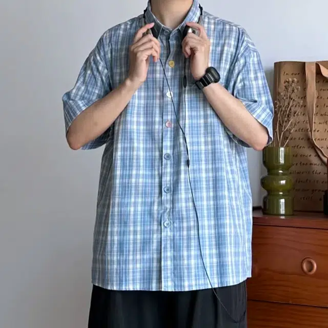 冈哉 美式复古格子拼接彩色纽扣设计简约小众格纹基础百搭通勤休闲宽松短袖衬衫 男女同款