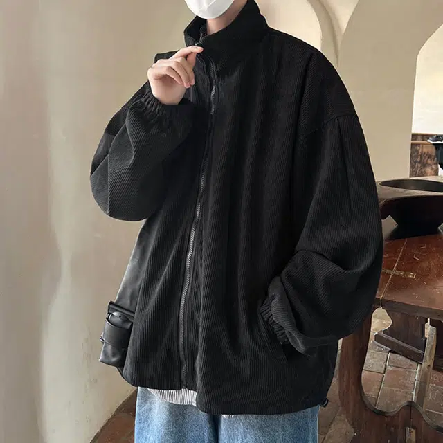 冈哉 条纹肌理感纯色翻领长袖工装设计美式复古高街日常通勤宽松百搭休闲夹克外套 男女同款