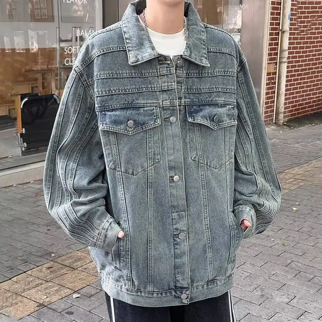 冈哉 解构拼接水洗做旧廓形垫肩上衣美式复古宽松休闲重磅潮牌潮流时尚百搭夹克牛仔外套 男女同款