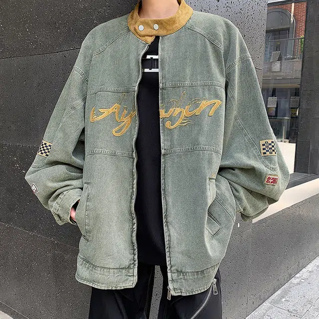 冈哉 解构拼接字母图案刺绣个性设计美式复古水洗做旧高街痞帅时尚百搭日常通勤慵懒休闲牛仔外套 男女同款