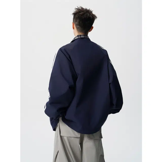 冈哉 美式复古经典三条杠格子两面穿翻领痞帅个性潮流潮牌时尚慵懒感日常通勤柔软舒适亲肤机车飞行夹克 男女同款