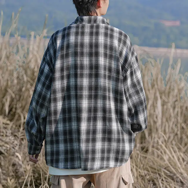 冈哉 撞色格纹翻领衬衣美式复古学院风休闲宽松轻薄凉感慵懒落肩单排扣氛围感长袖衬衫 男女同款