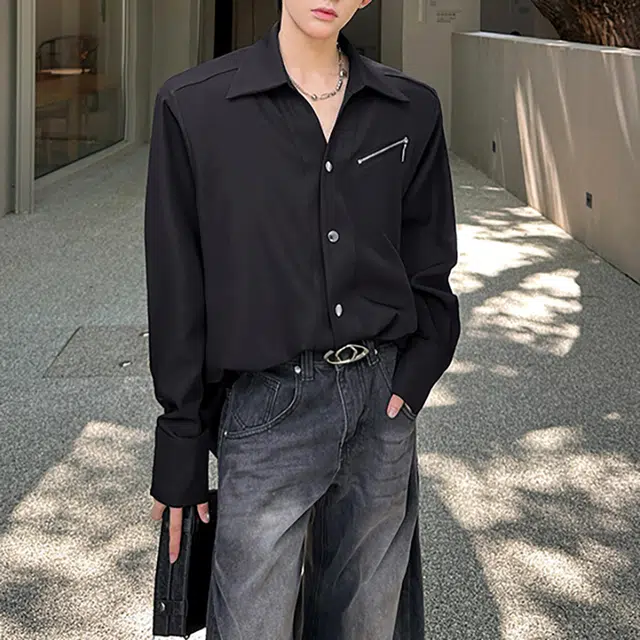 冈哉 美式垫肩解构金属纽扣高级感痞帅宽松显瘦廓形开衫春秋款长袖单排扣基础款潮搭垂感衬衫 男女同款