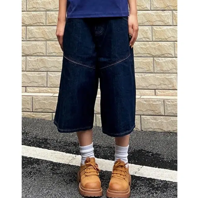 冈哉 美式复古解构拼接刺绣设计夏季高街宽松直筒休闲百搭舒适透气日常通勤七分裤牛仔短裤 男女同款