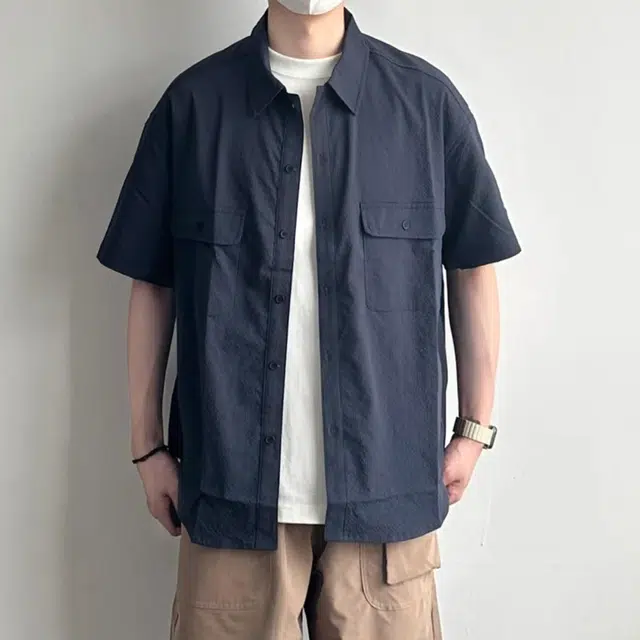 冈哉 肌理感工装衬衣纯色基础款双口袋拼接美式复古潮流宽松休闲百搭舒适透气短袖衬衫 男女同款