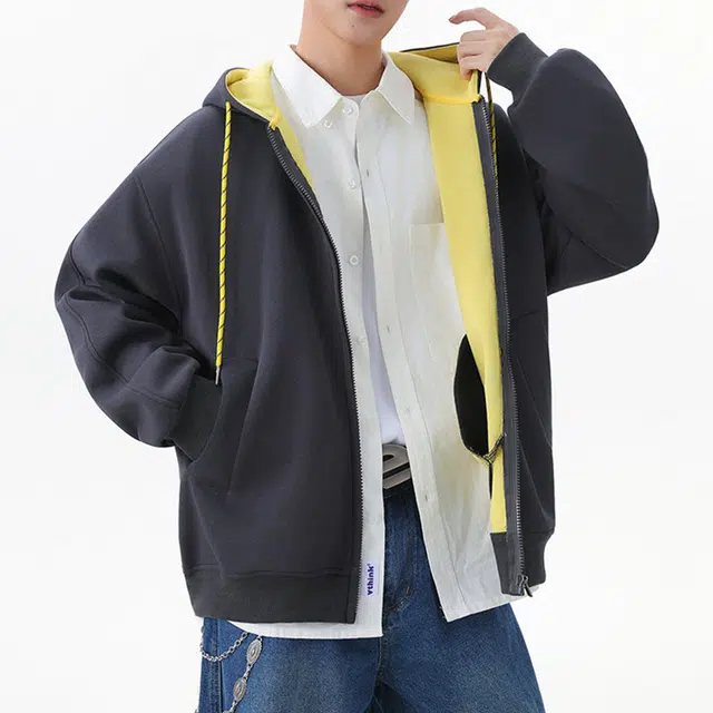 冈哉 美式学院风撞色拼接双色彩绳重磅连帽开衫小众基础款立体剪裁落肩宽松休闲百搭卫衣 男女同款