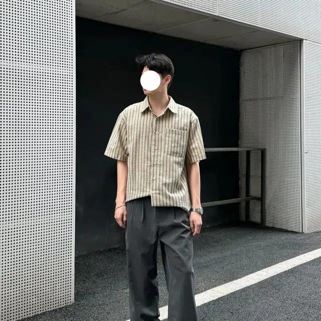 冈哉 日系复古撞色条纹设计翻领休闲个性简约潮流时尚宽松日常通勤百搭潮牌短袖衬衫 男女同款