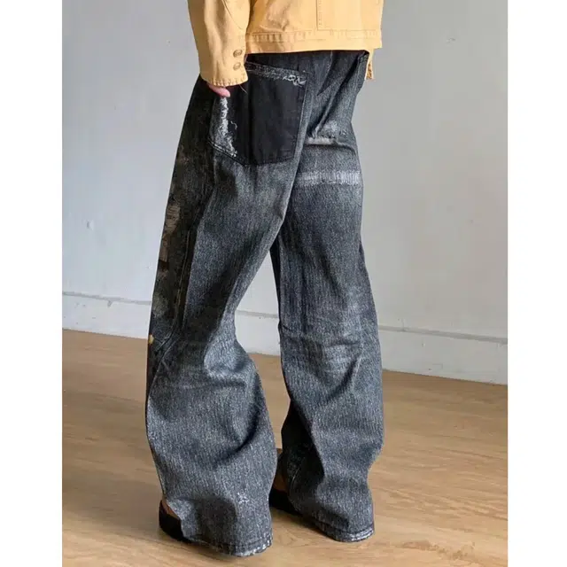 冈哉 美式复古水洗做旧渐变破洞印花设计街头嘻哈痞帅高级感宽松阔腿长裤牛仔裤 男女同款