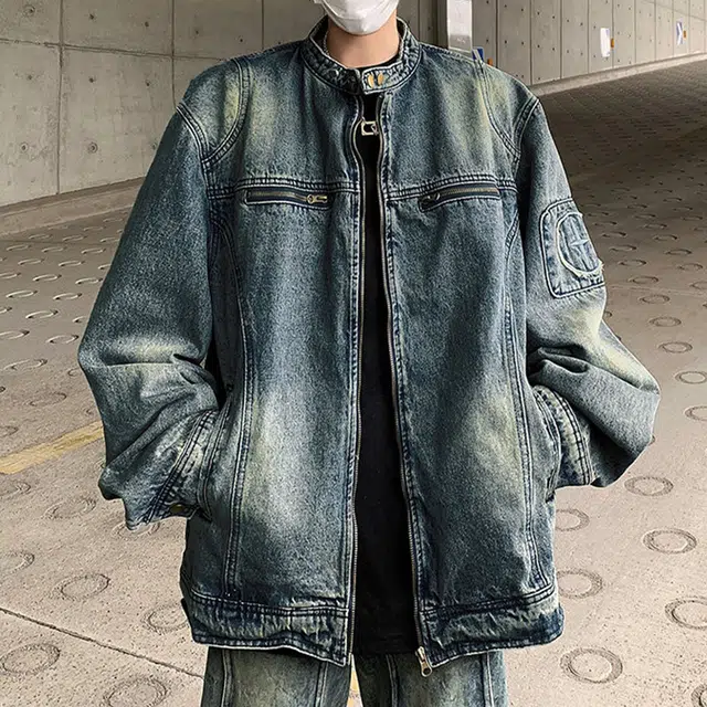冈哉 美式复古做旧长袖徽章解构拼接立领工装设计痞帅潮流宽松休闲百搭夹克牛仔外套 男女同款