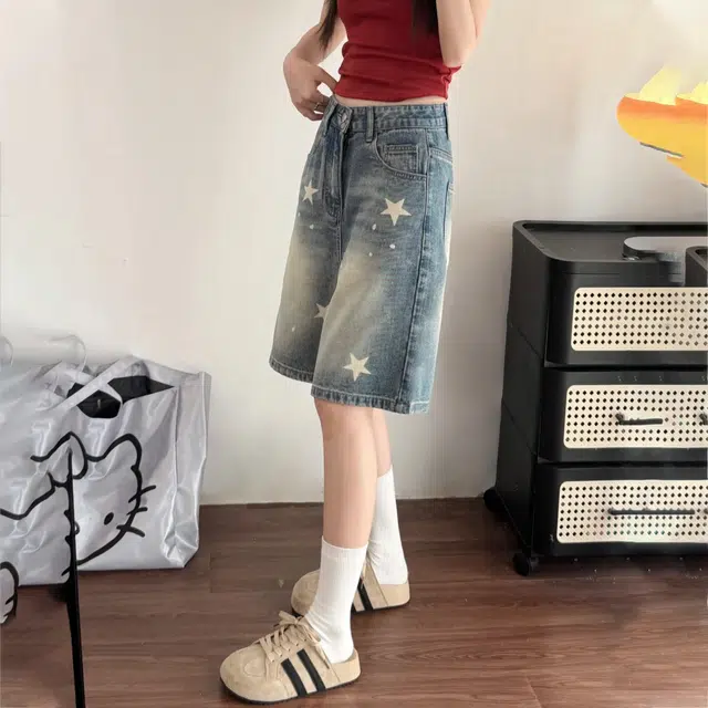 冈哉 美式复古星星印花水洗做旧高腰设计宽松直筒时尚潮流休闲百搭日常通勤舒适牛仔短裤 男女同款