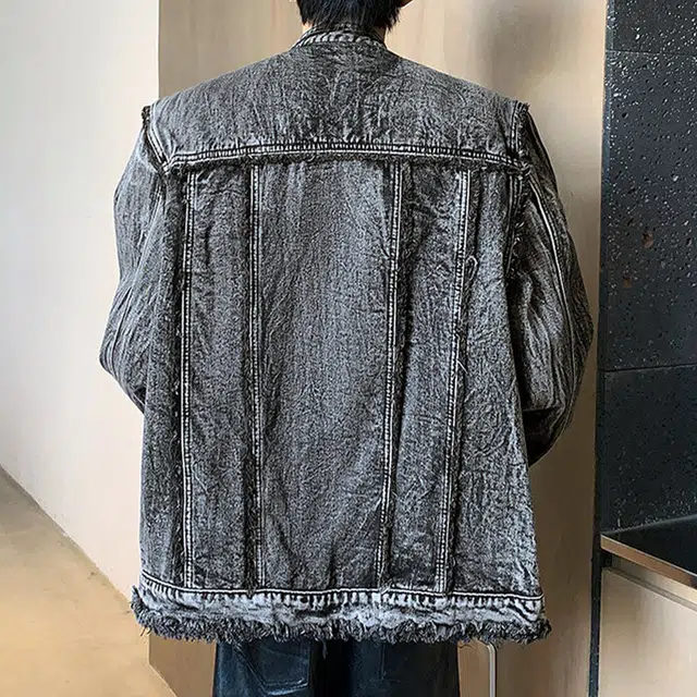 冈哉 美式高街做旧纹理金属纽扣明辑线拼接流苏毛边设计重工水洗百搭无性别主义牛仔外套 男女同款