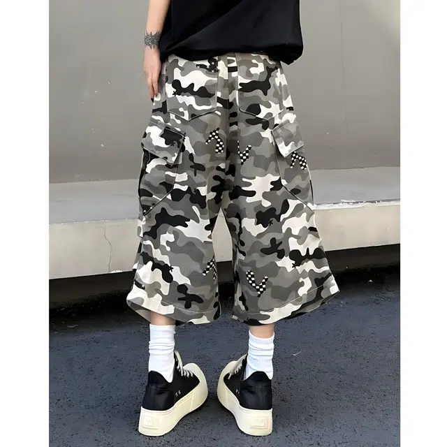 冈哉 美式复古灰白迷彩多口袋拼接格子印花设计七分裤宽松美式高街直筒裤百搭户外潮流工装短裤 男女同款