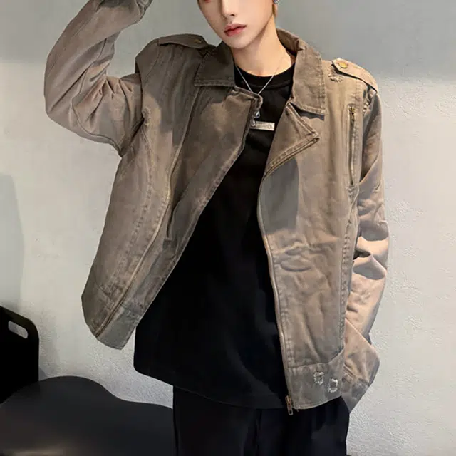 冈哉 假两件重工水洗做旧美式复古街头拉链高街潮牌风格翻领夹克工艺廓形慵懒范日常通勤柔软舒适亲肤牛仔外套 男女同款