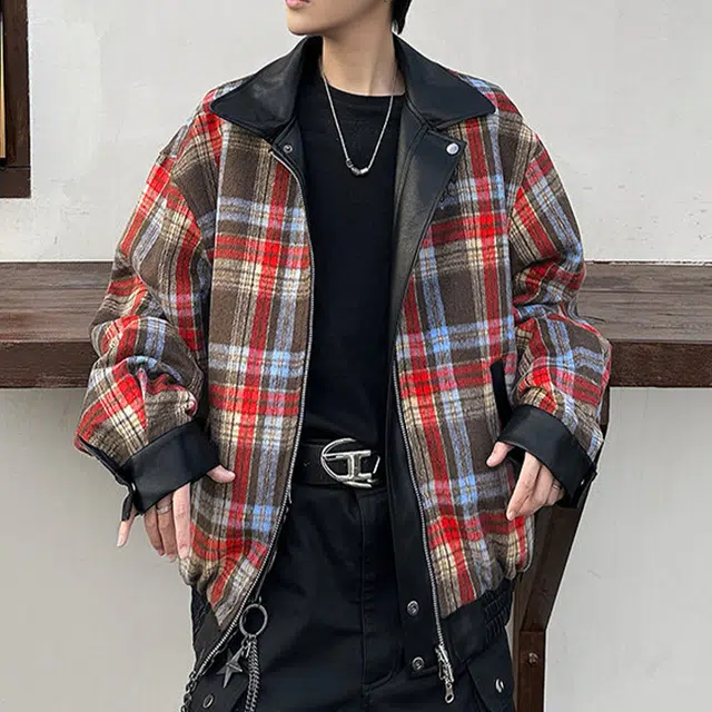 冈哉 格子双面穿翻领美式复古潮牌高街宽松休闲皮衣 男女同款